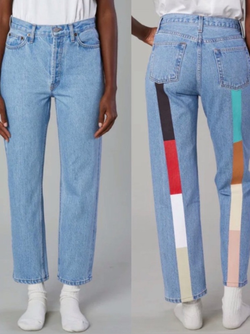 NWT Still Here Mid Century Rainbow Tate Vintage Blue Straight Leg Jeans 26